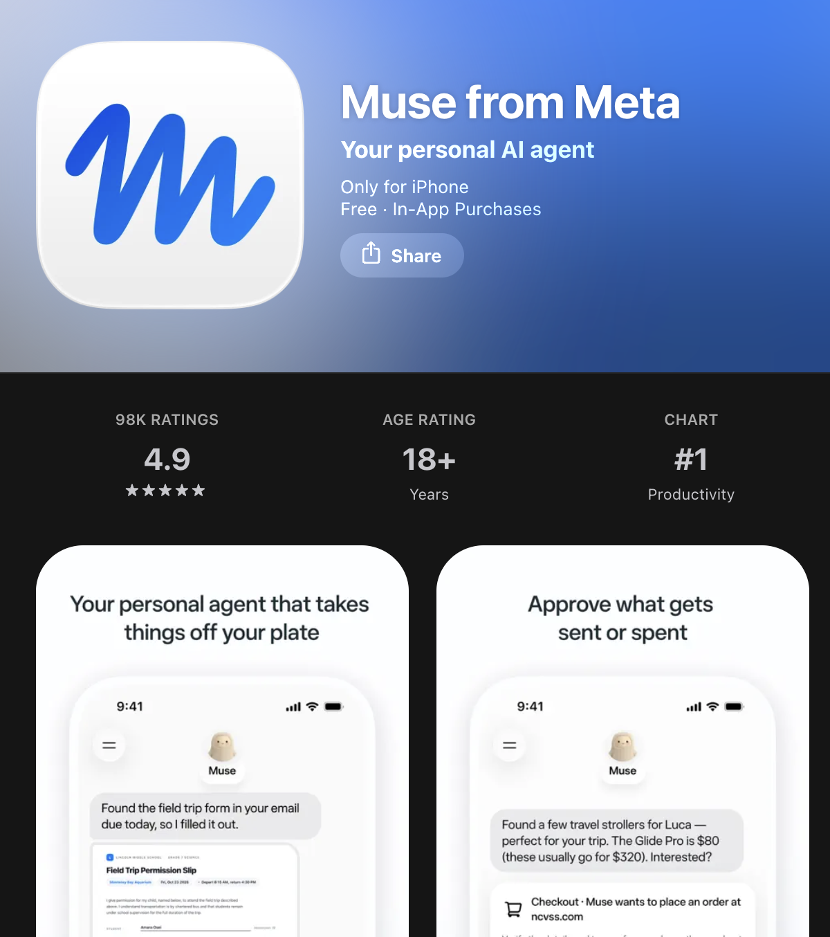 미국 App Store의 Muse from Meta 앱 소개 화면